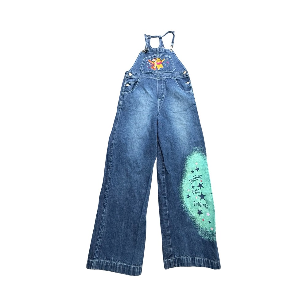 Disney Pooh Overalls Girls 10 Blue Denim Winnie The Pooh Tigger Wide Leg 90's